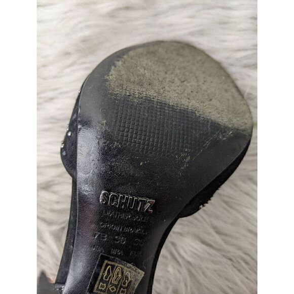 Schutz Black Nubuck/Faux Suede Crystal Embellished Sandals Chunky Platform Heels - Picture 7 of 10